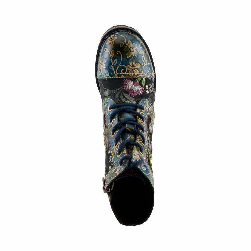 Print Fun Chill Vibes Spring Step Women's Fantastic Leather Floral Print Boot in Blue Multi