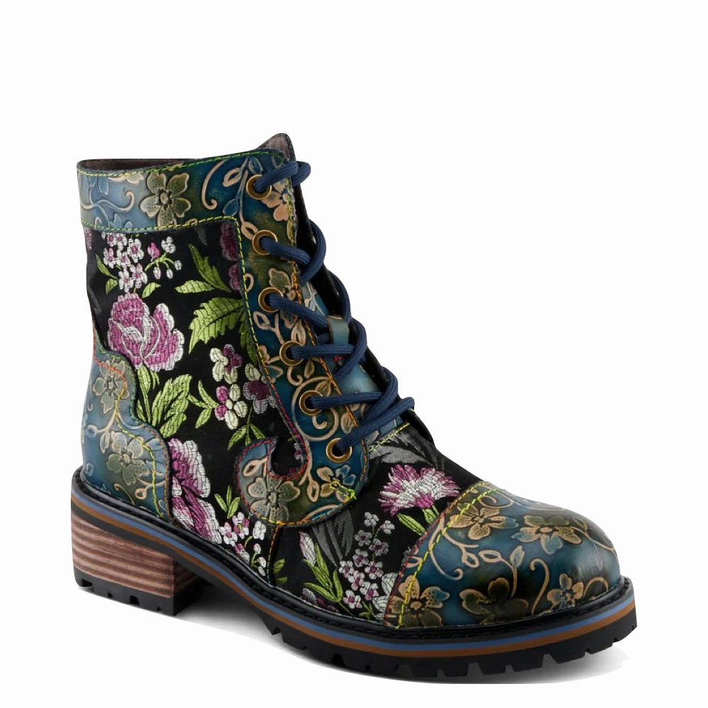 Indoor Step Spring Step Women's Fantastic Leather Floral Print Boot in Blue Multi