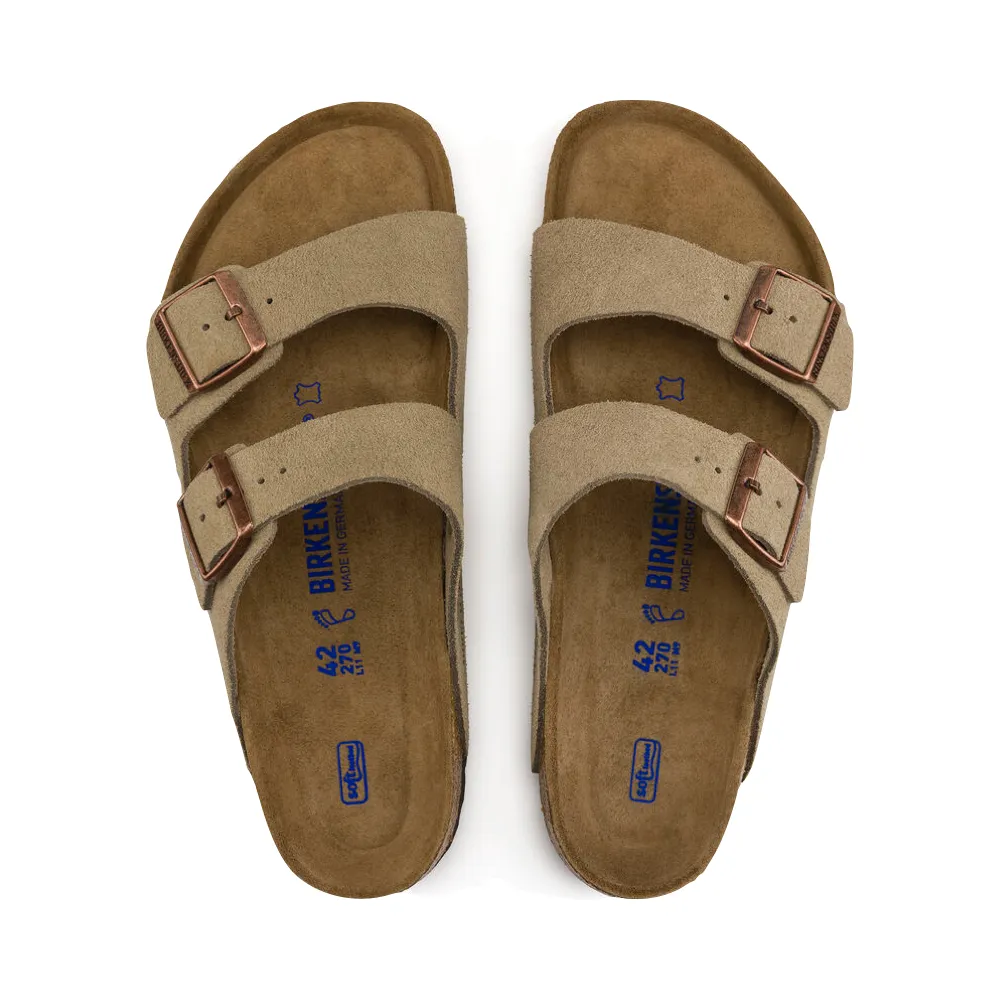 Slip Away Birkenstock Arizona Suede Soft Footbed Sandal in Taupe