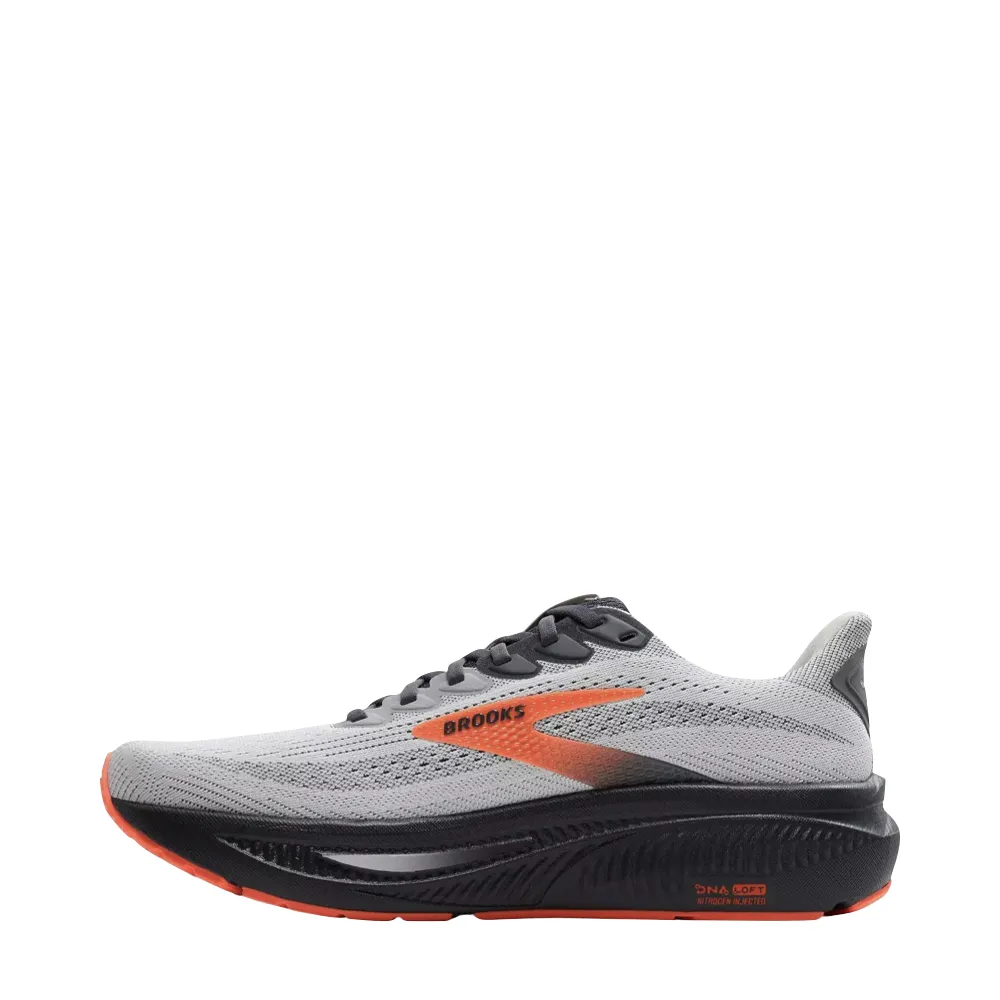 Feather Soft Route Step Brooks Men's Ghost 17 Sneaker in Oyster Mushroom/Orange/Ebony