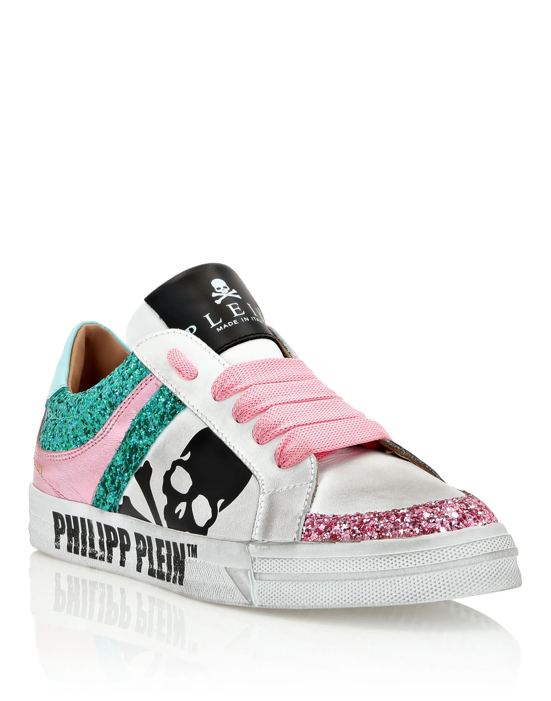 Leather Lo-Top Sneakers Skull with Crystals Perforated Tongue