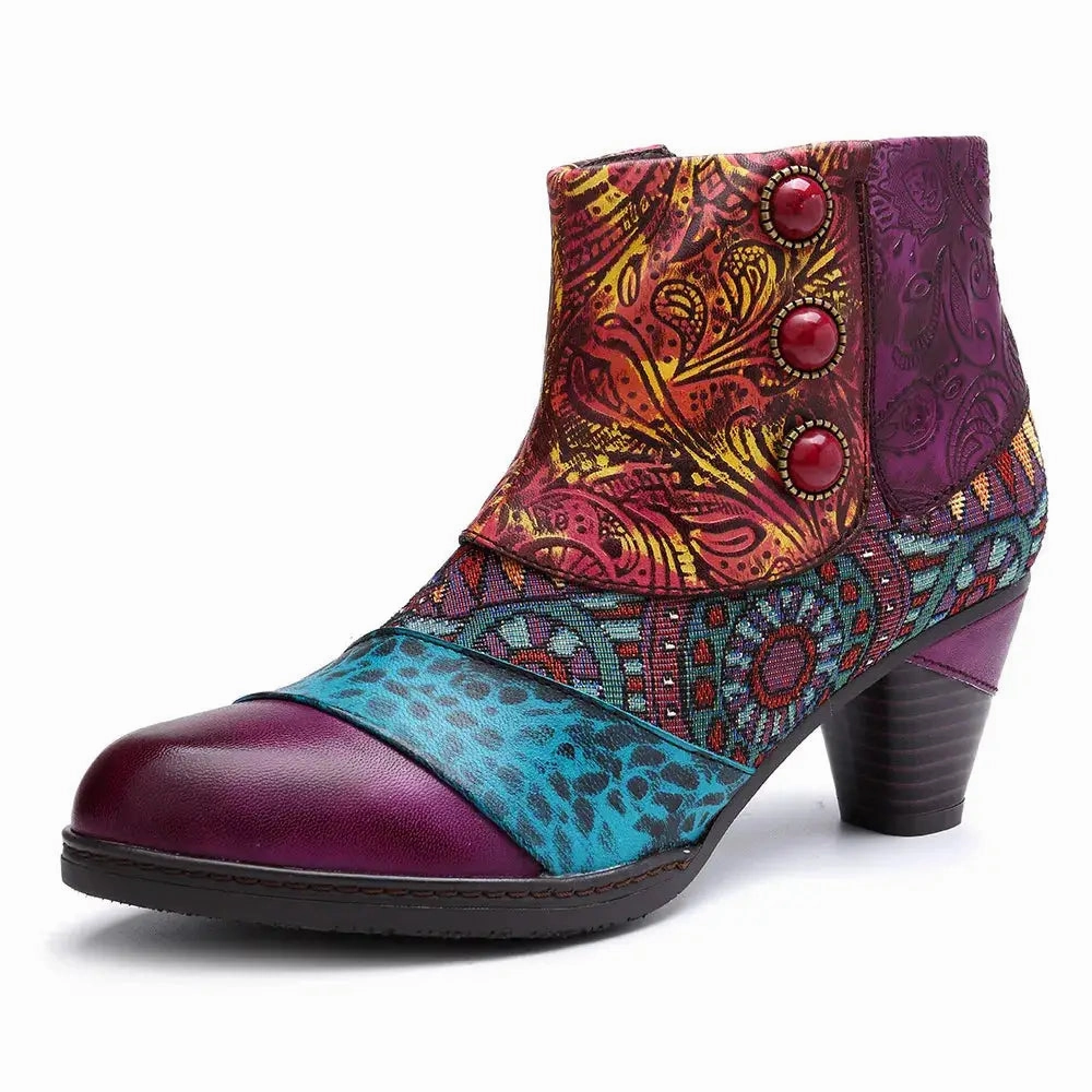 Embi - Colorful Retro Embroidered leather  Booties Well   Made Impact Absorbing Heel