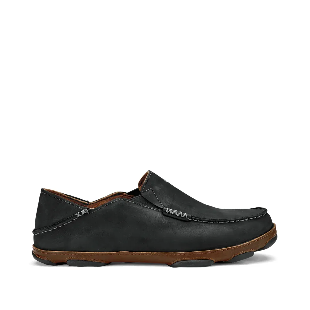 OluKai Men's Moloa Moc Leather Slip On Shoes in Black Explore City