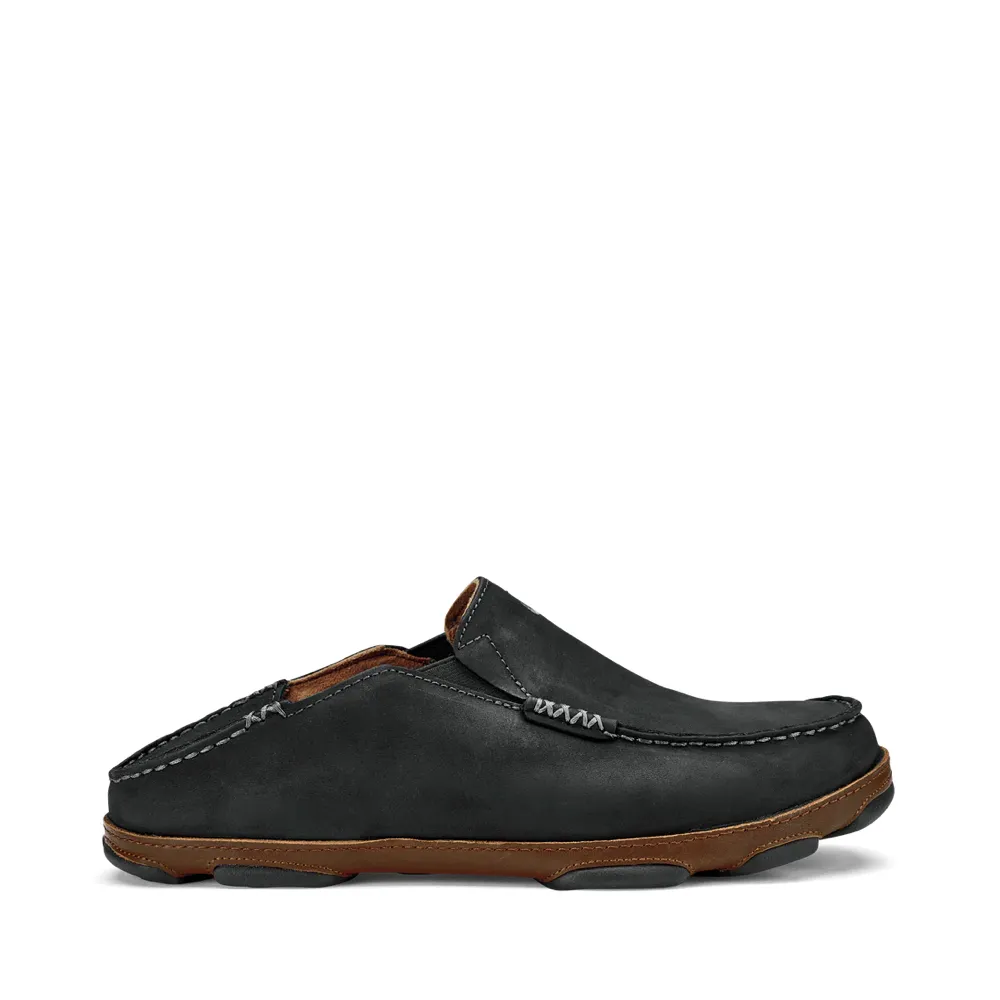 OluKai Men's Moloa Moc Leather Slip On Shoes in Black Trendy Wear