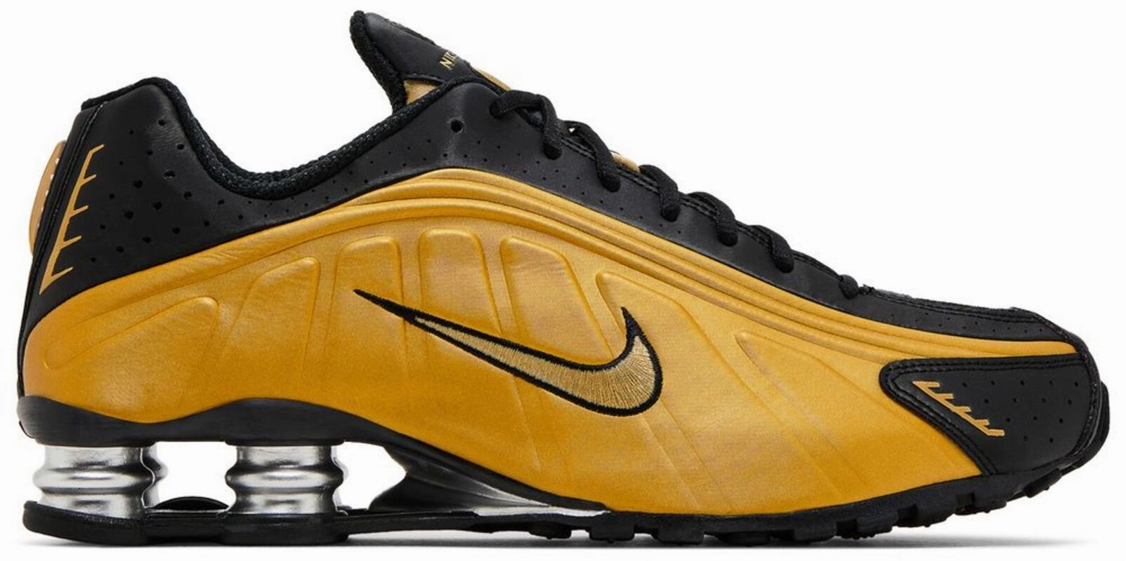Seamless Knit Construction Plant Based Materials Nike Shox R4 Black Metallic Gold (Women's)