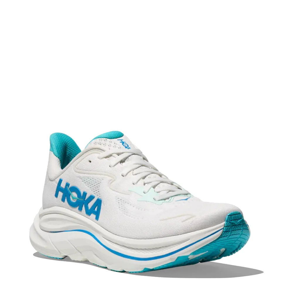 Break Run Hoka Men's Clifton 10 Sneaker in White/Skyward Blue