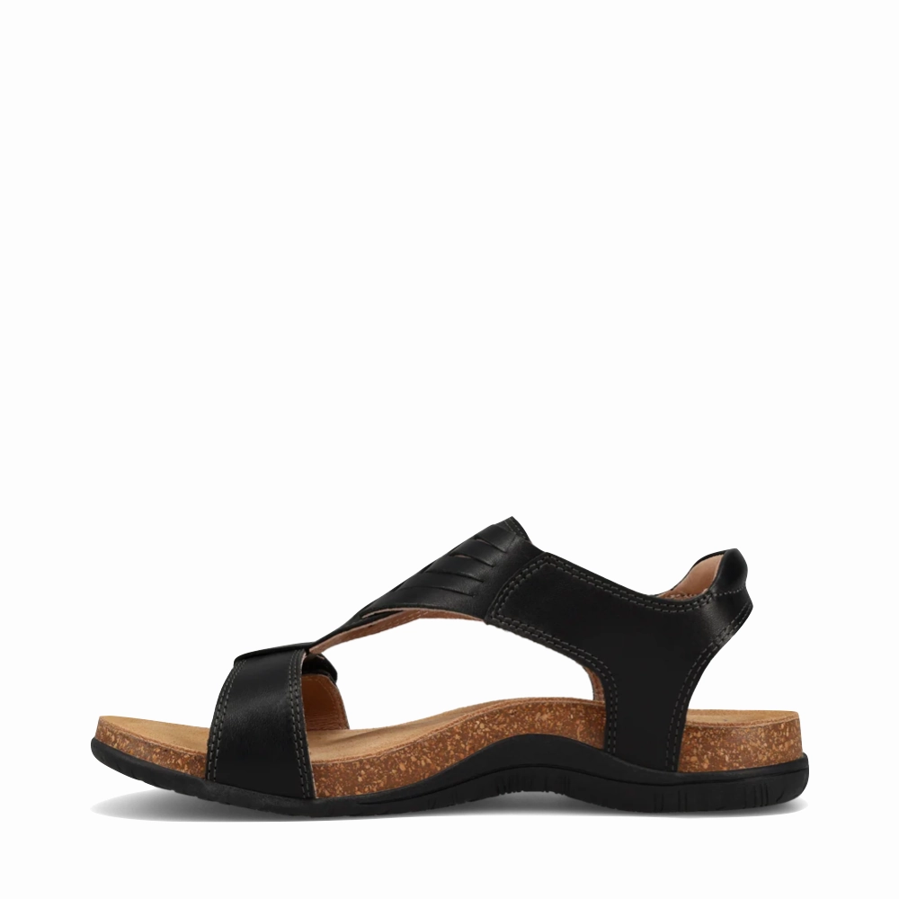 Taos Women's Wonderful Woven Leather Sandal in Black Sock Liner Technology