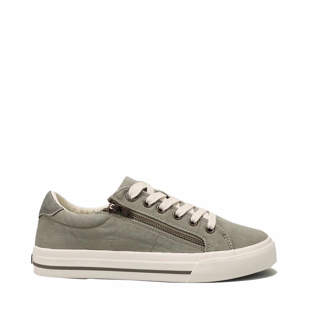 Foam Lining Comfort Function Taos Women's Z Soul Side Zip Canvas Lace Sneaker in Sage/Olive Distressed