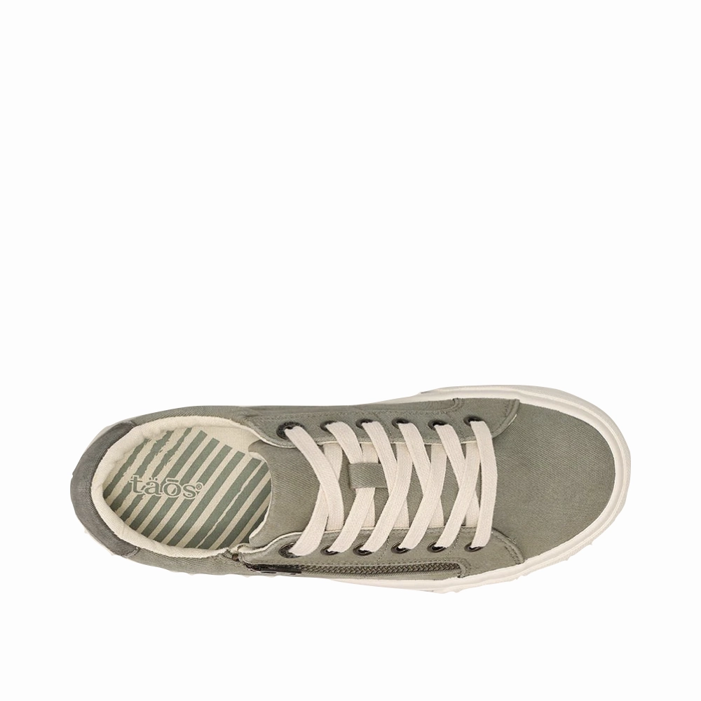 Long Travel Holiday Outfit Taos Women's Z Soul Side Zip Canvas Lace Sneaker in Sage/Olive Distressed