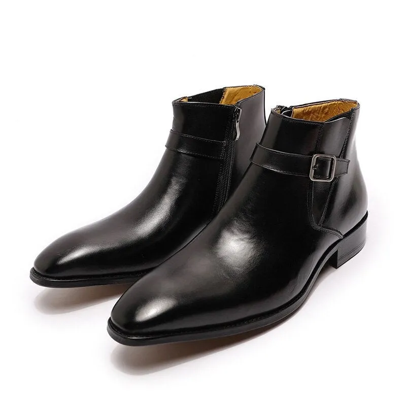 The Chiaro2 - Men's Leather Dress Boots With Zipper & Buckle (Italian Style) Stylish Pattern Formal Outfit