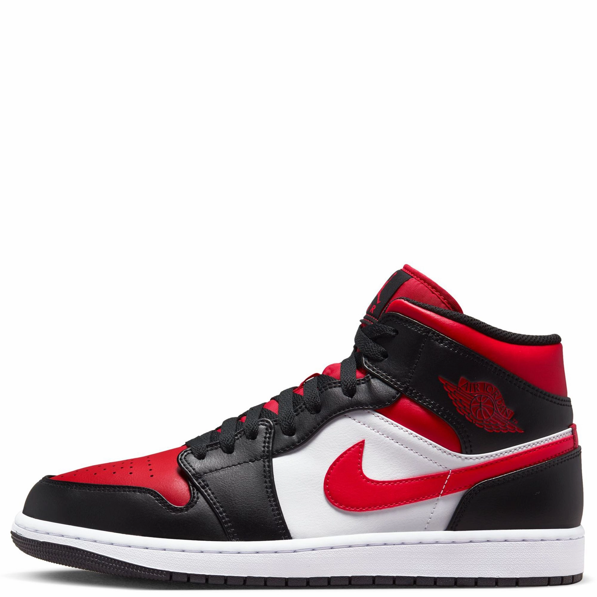 antimicrobial upper shoes Compression Molded Heel Cup Nike Men's Air Jordan 1 Mid Shoes - Black / Fire Red / White