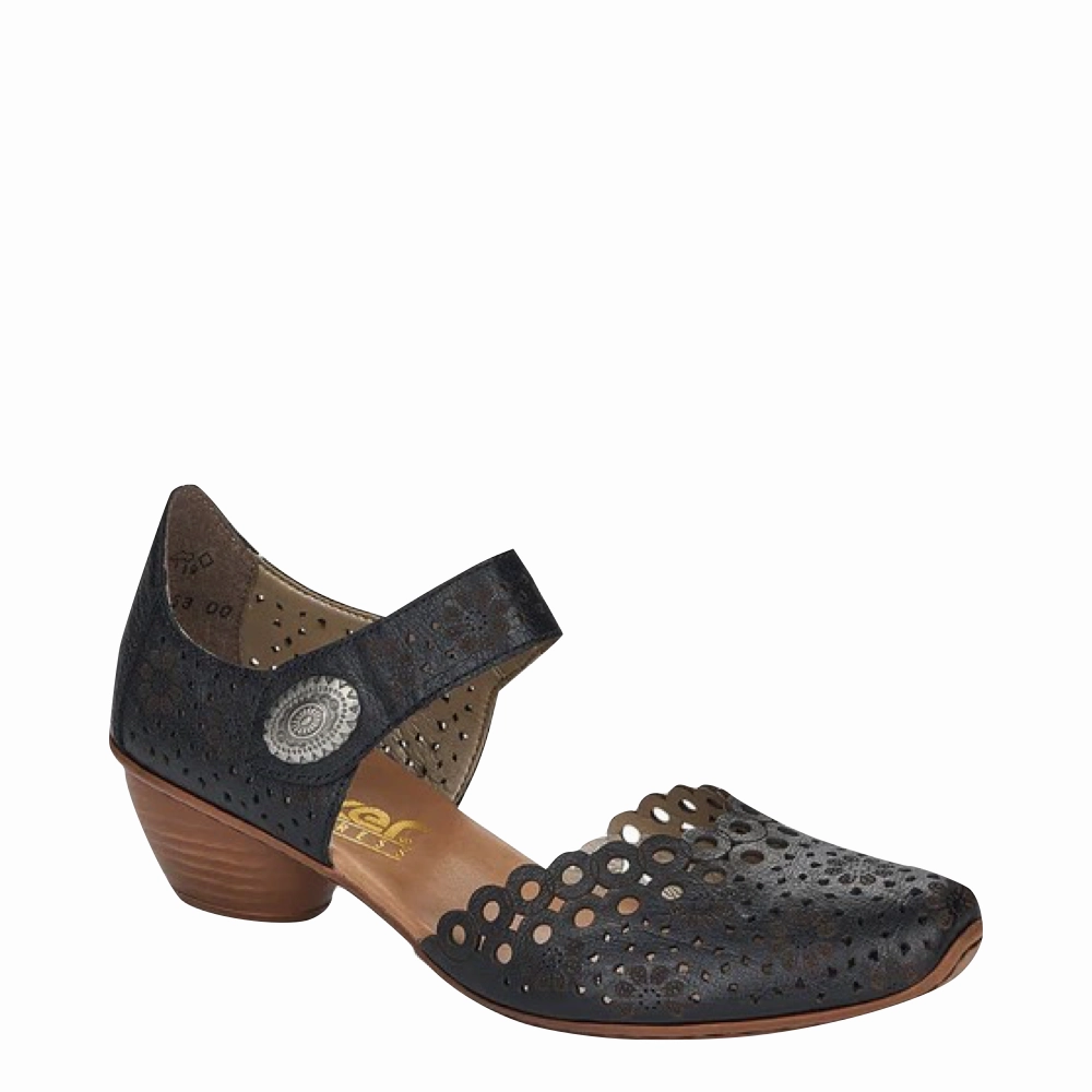 Rieker Women's Mirjam 53 Heeled Mary Jane in Black Relaxed Fit Comfort Socks