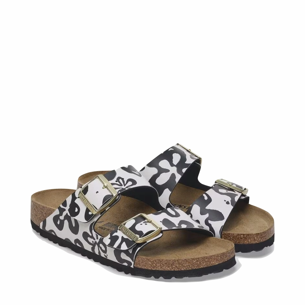 Birkenstock Women's Arizona Birko-Flor Sandal in Blooms White/Black Sleek Fit Flexible Ground Contact