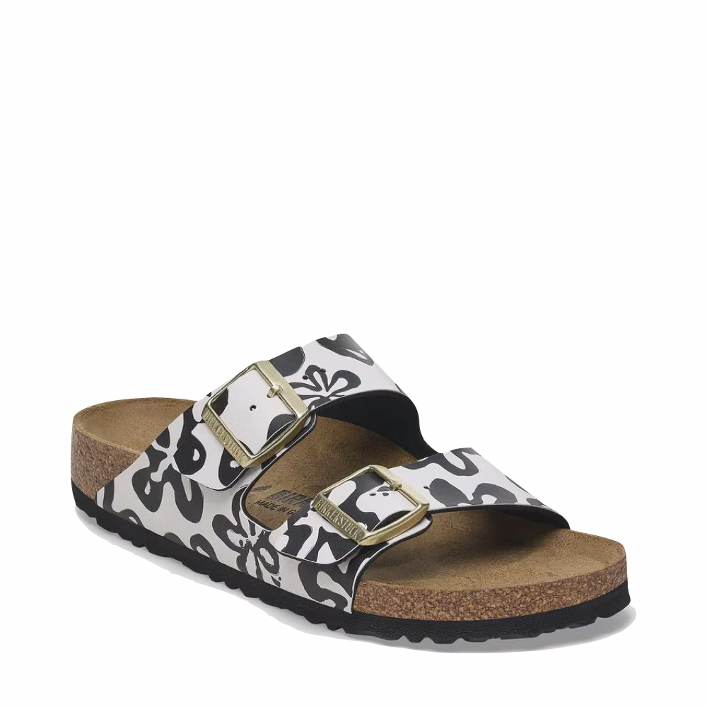 Soft Leather Birkenstock Women's Arizona Birko-Flor Sandal in Blooms White/Black