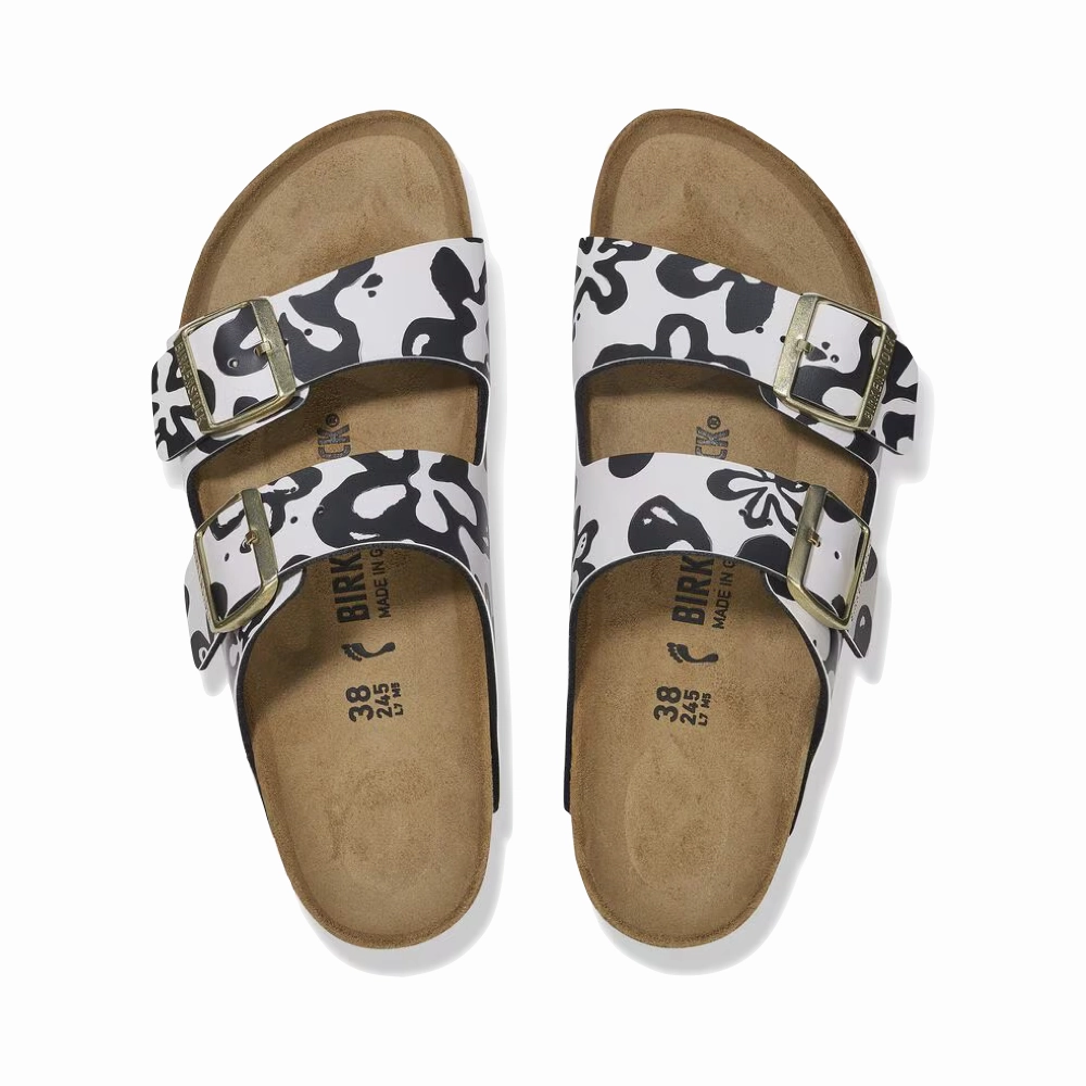 Birkenstock Women's Arizona Birko-Flor Sandal in Blooms White/Black soft fit Root Hike