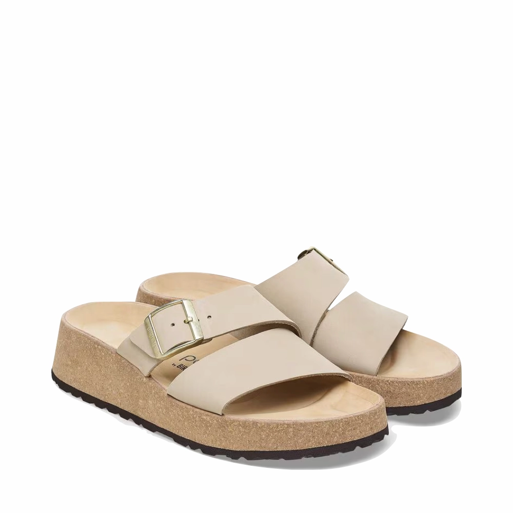 Birkenstock Women's Almina Slide Sandal in Sandcastle Beige Cushion Ride