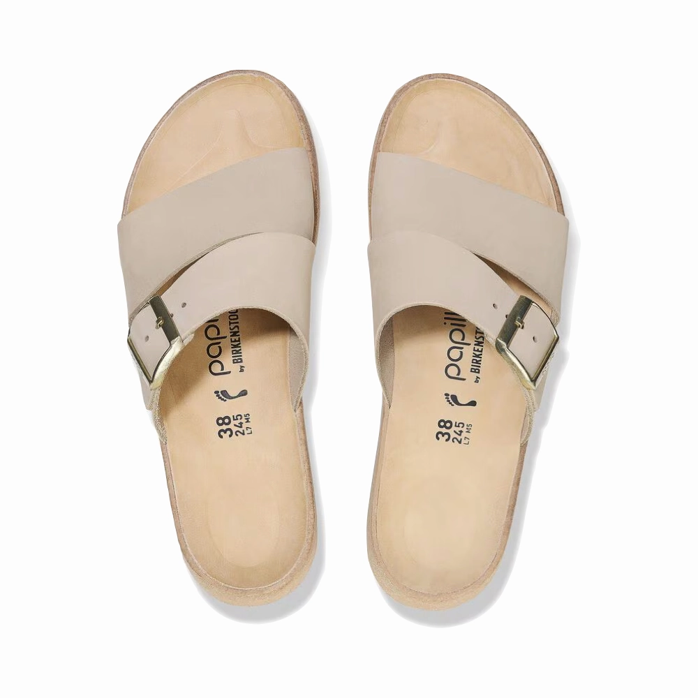 Heavy Stride Core Design Birkenstock Women's Almina Slide Sandal in Sandcastle Beige