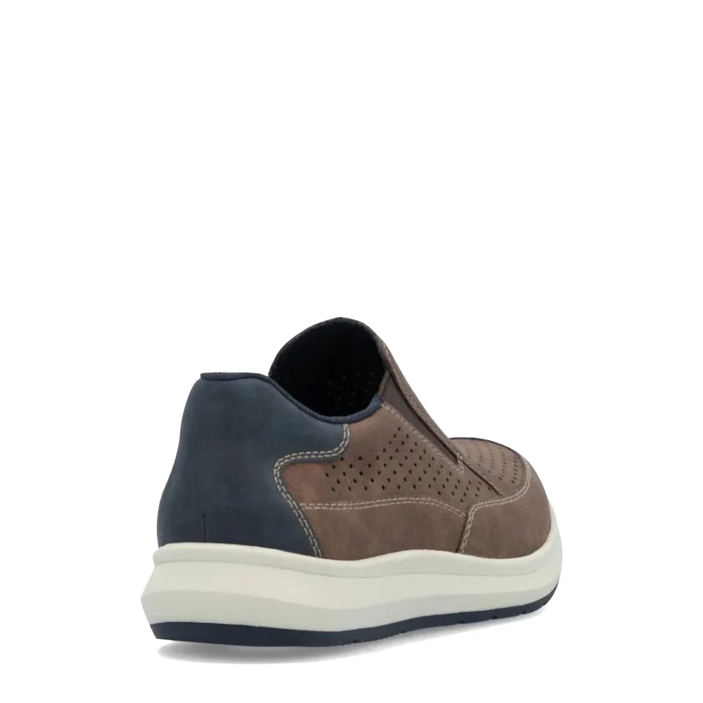 Hot Weather Rieker Men's Reinhard 52 Perfed Slip On in Tan Fuchs/Midnight