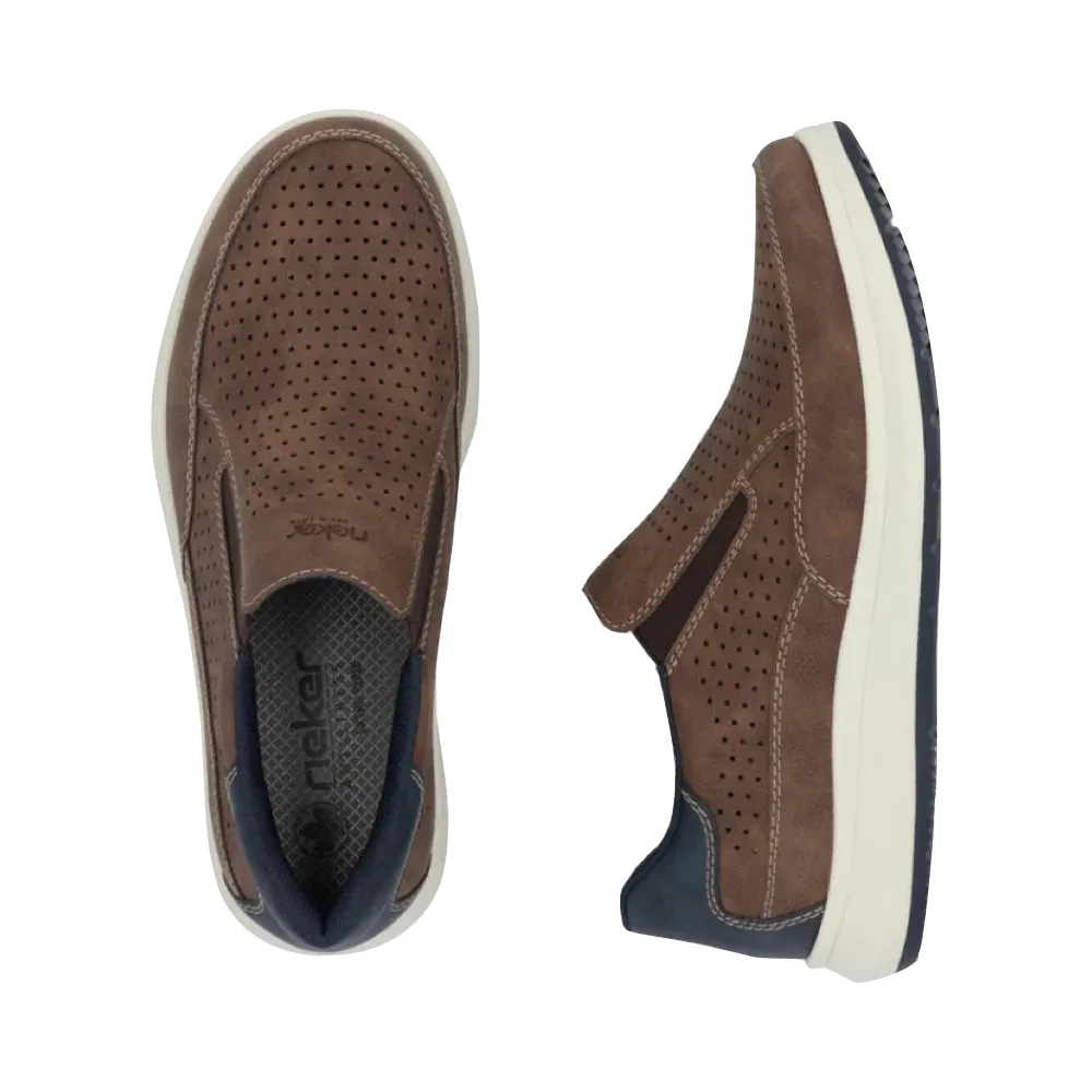 Rieker Men's Reinhard 52 Perfed Slip On in Tan Fuchs/Midnight Textured Pattern