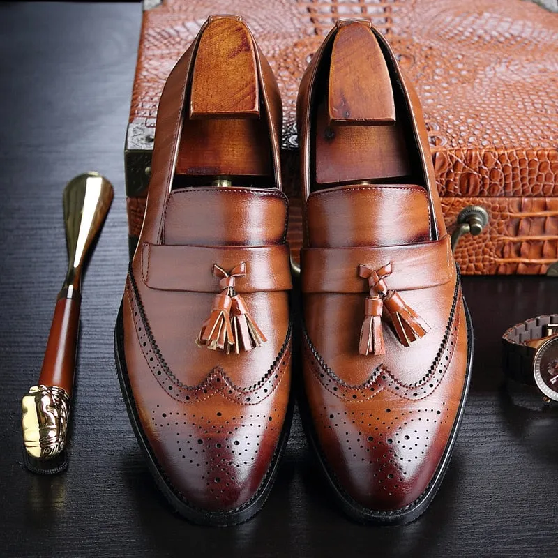 Walk Open Casual Support The T93 - Classic Wingtip brogue Leather Tassel Loafers For Men