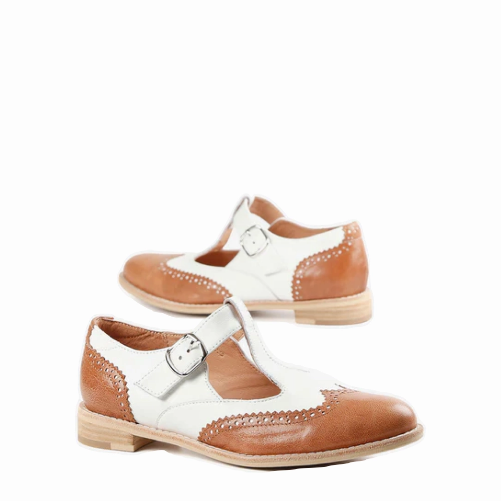 All Black Women's Belted Wings Leather Mary Jane in Brown/White Street Appeal Memory Foam Padding