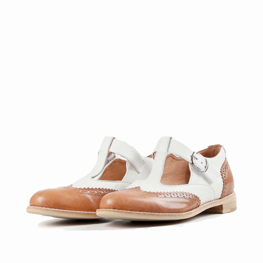 Street Smart Comfy Walk All Black Women's Belted Wings Leather Mary Jane in Brown/White