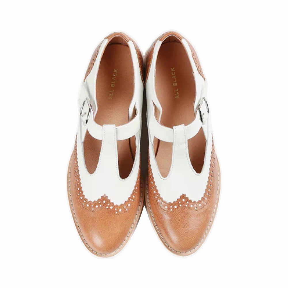 On Feet All Black Women's Belted Wings Leather Mary Jane in Brown/White