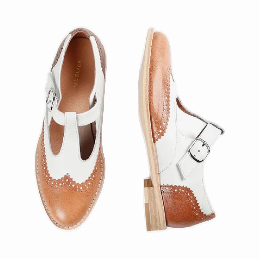 Comfy Journey All Black Women's Belted Wings Leather Mary Jane in Brown/White