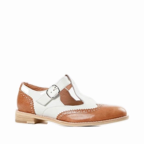 Office Friendly School Pace All Black Women's Belted Wings Leather Mary Jane in Brown/White