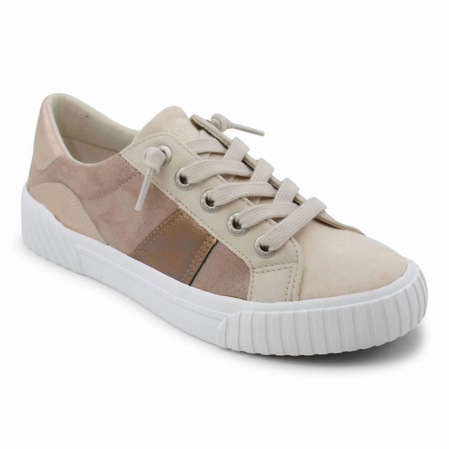 Flexible frame Contoured Footbed Design Women's Wave-B Sneaker In Sand And Steel Gold Micro Suede