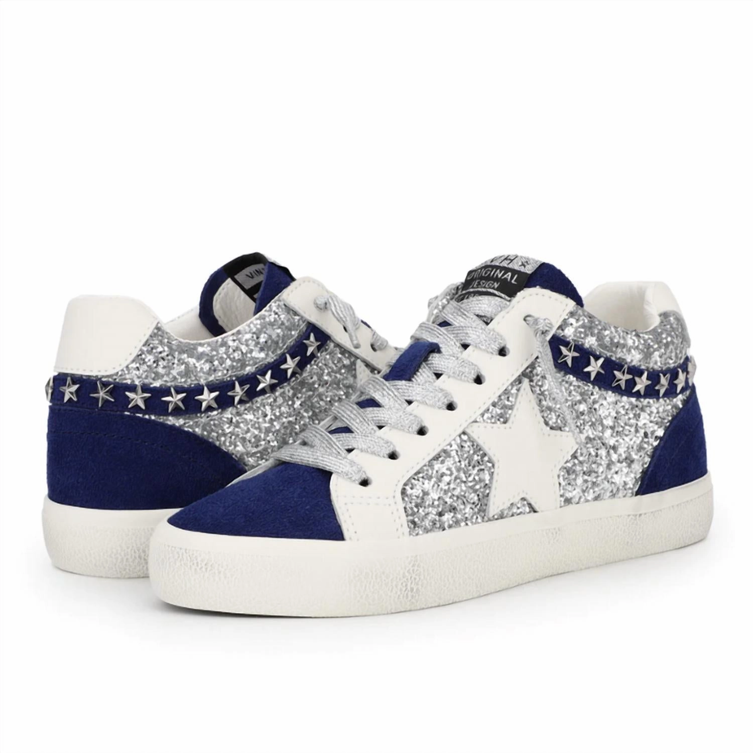 Women's Navy Vamp Sneakers In Blue/silver Air Cushioned Heel Superior Look