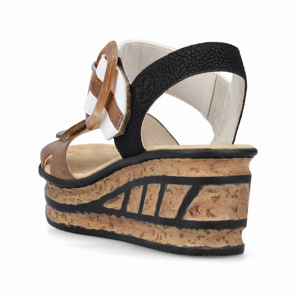 Rieker Women's Rose 76 Buckle Strap Wedge Sandal in White/Brown Premium Suede Material