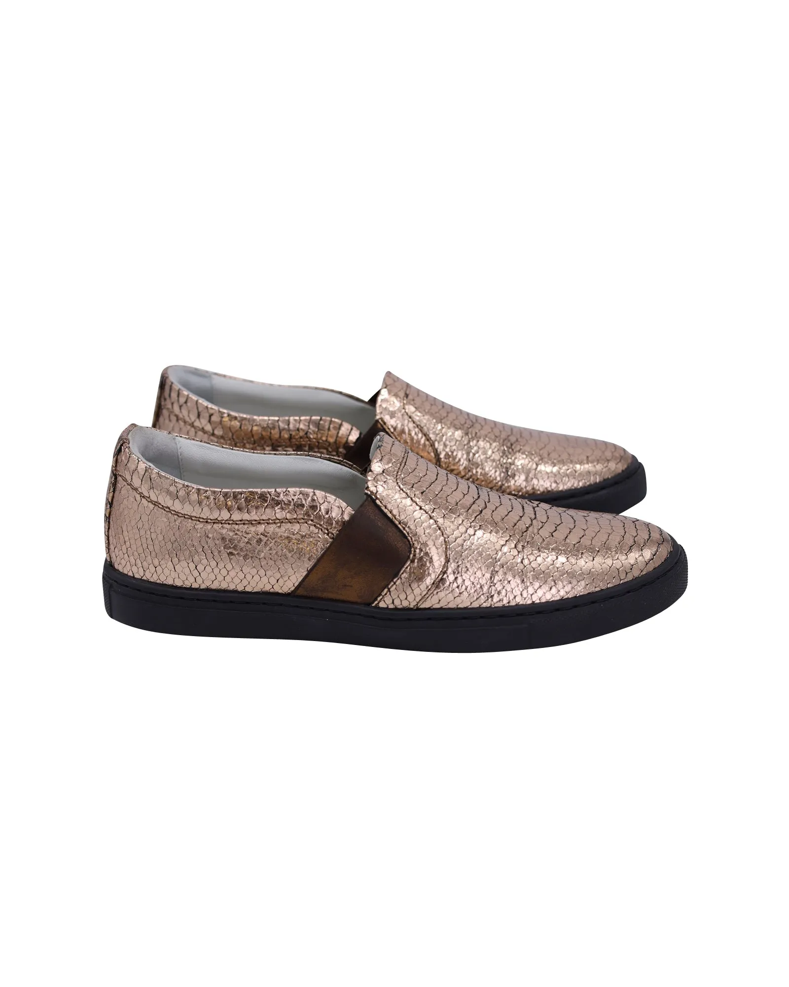 RemovableInsole Minimalist Construction Lanvin Metallic Snakeskin-Embossed Slip-On Sneakers in Gold Leather