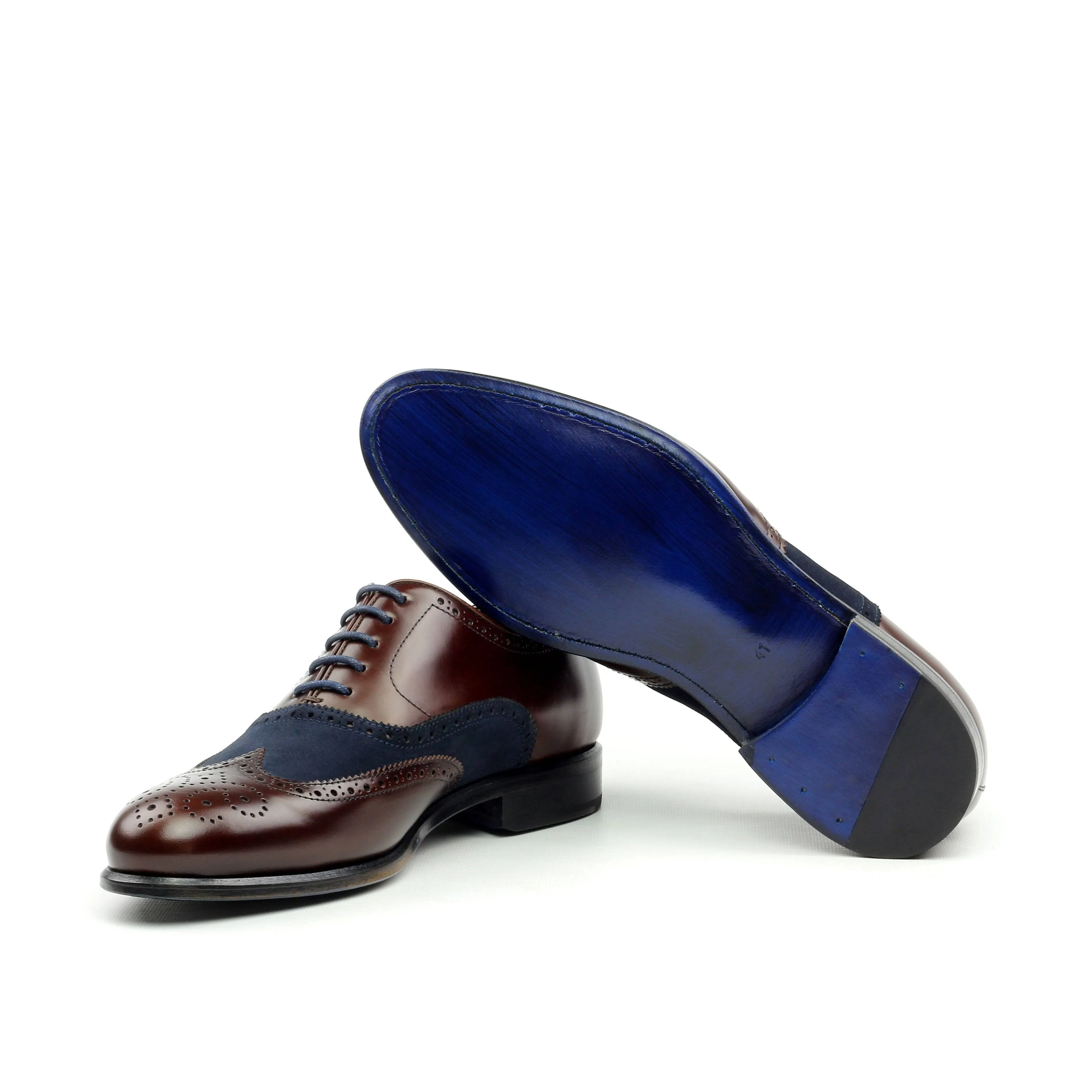 Breathable Feel Business Travel Azul -  Coffee Brown Wingtip Oxford. full Brogue, Blue Suede Highlights and blue bottom sole