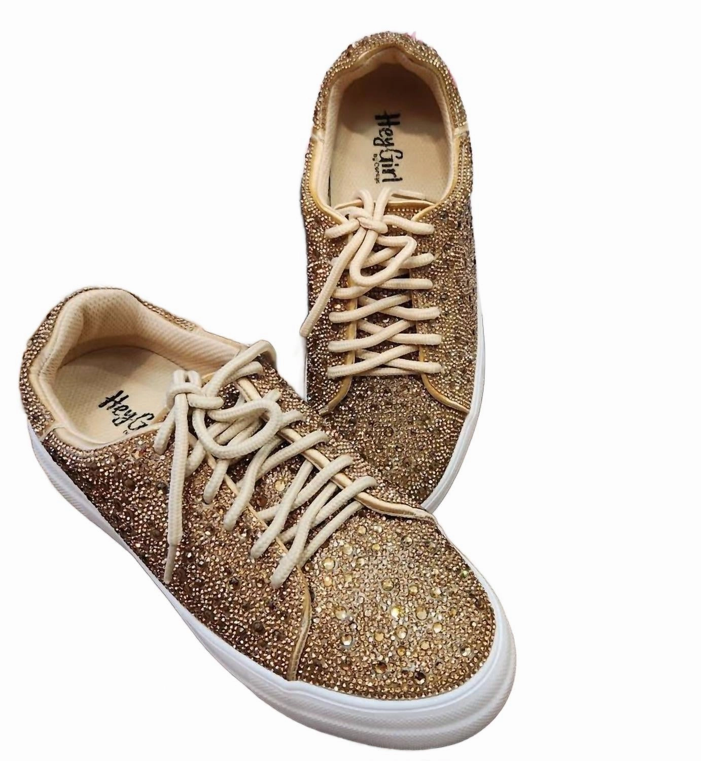 Women's Bedazzle Rhinestones Sneakers In Gold Adjustable Heel Lock Contoured Footbed Design