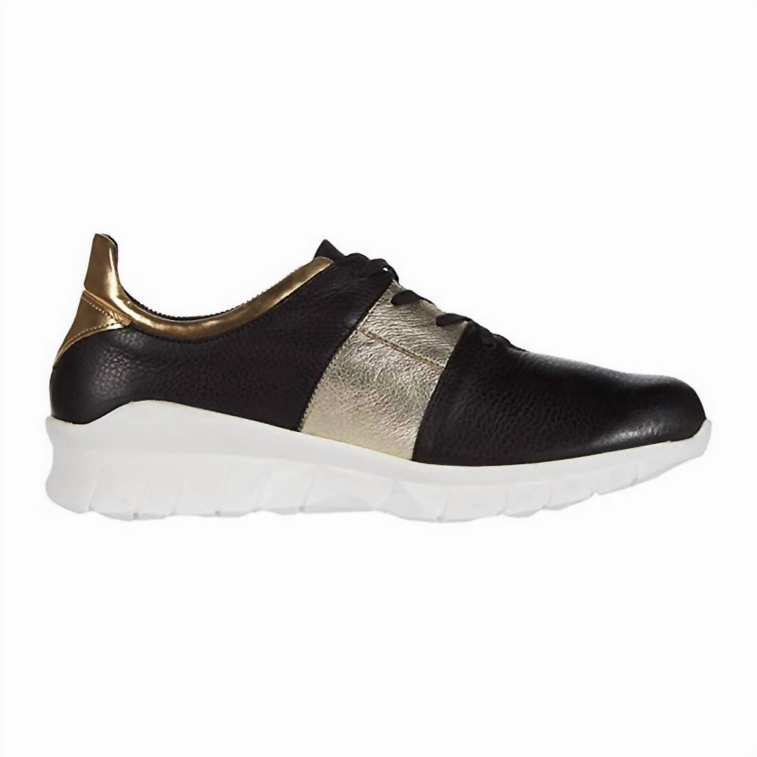 Women's Buzz Sneaker In Black Lthr/gold Lthr Combo Performance Tech HeelSupport