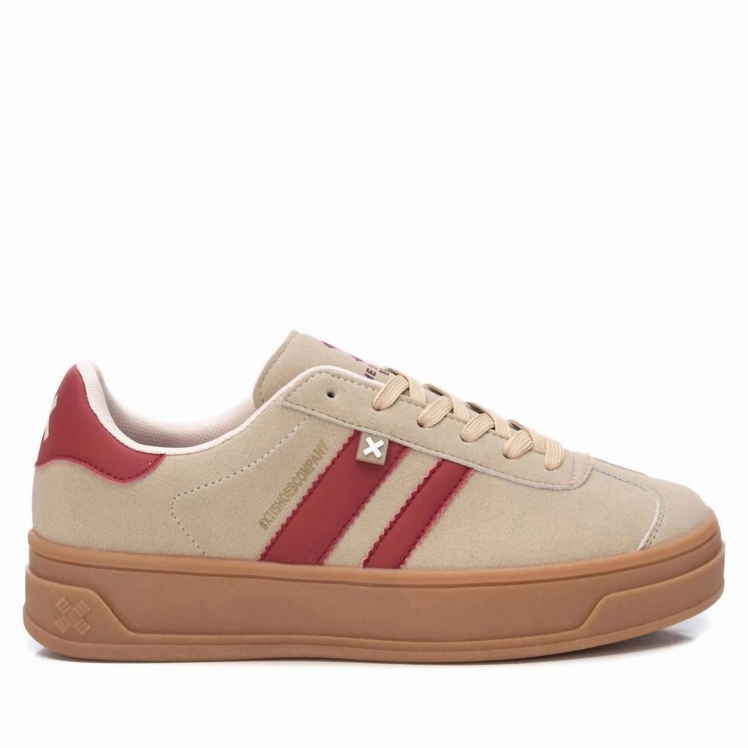 Women's Casual Suede Sneakers In Medium Beige/red Shock Diffusing Heel