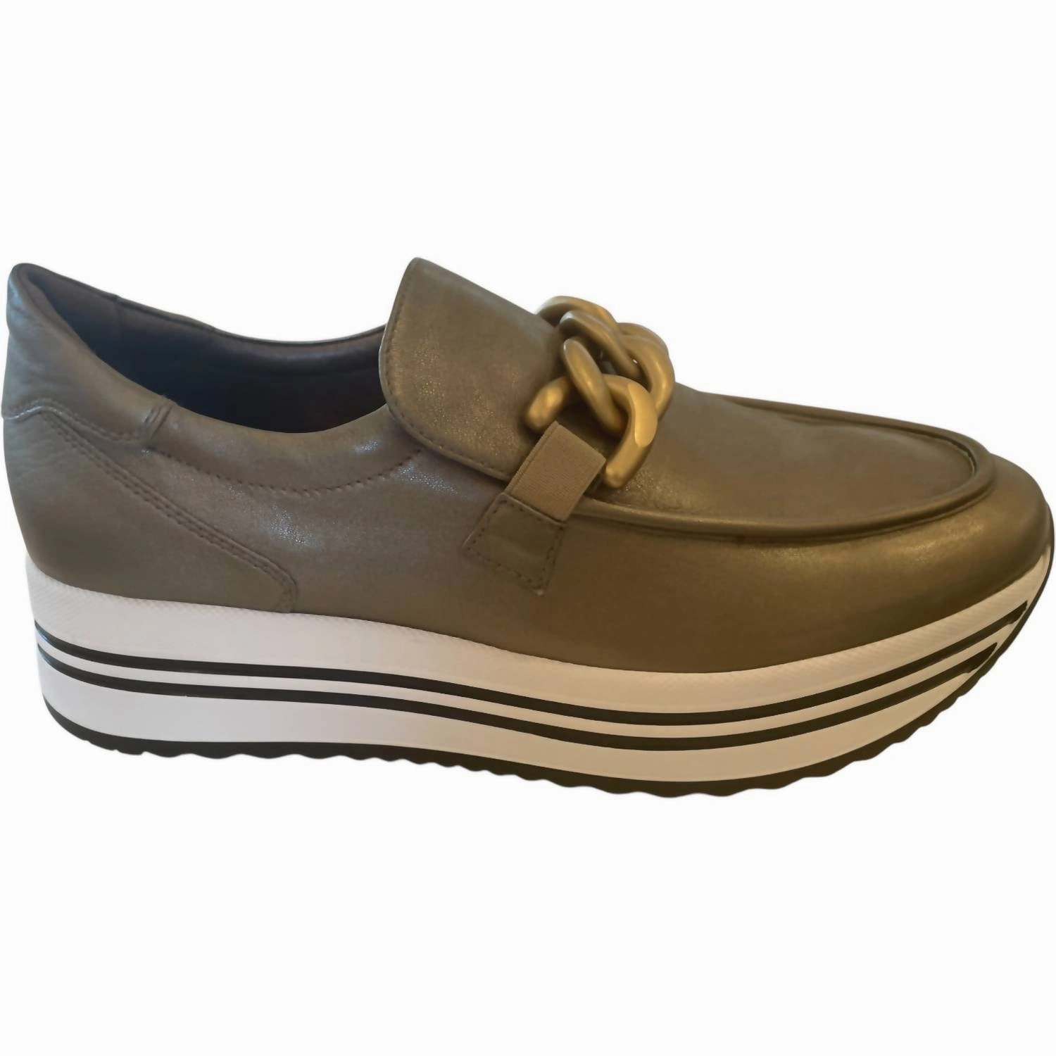 Women's Metallic Chain Slip-On Flatform Sneakers In Dark Gold Soft Tongue Design Smooth Landing