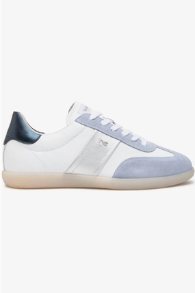 Secure Grip Women's Mixed Leather Low-Top Tennis Sneakers In White/blue