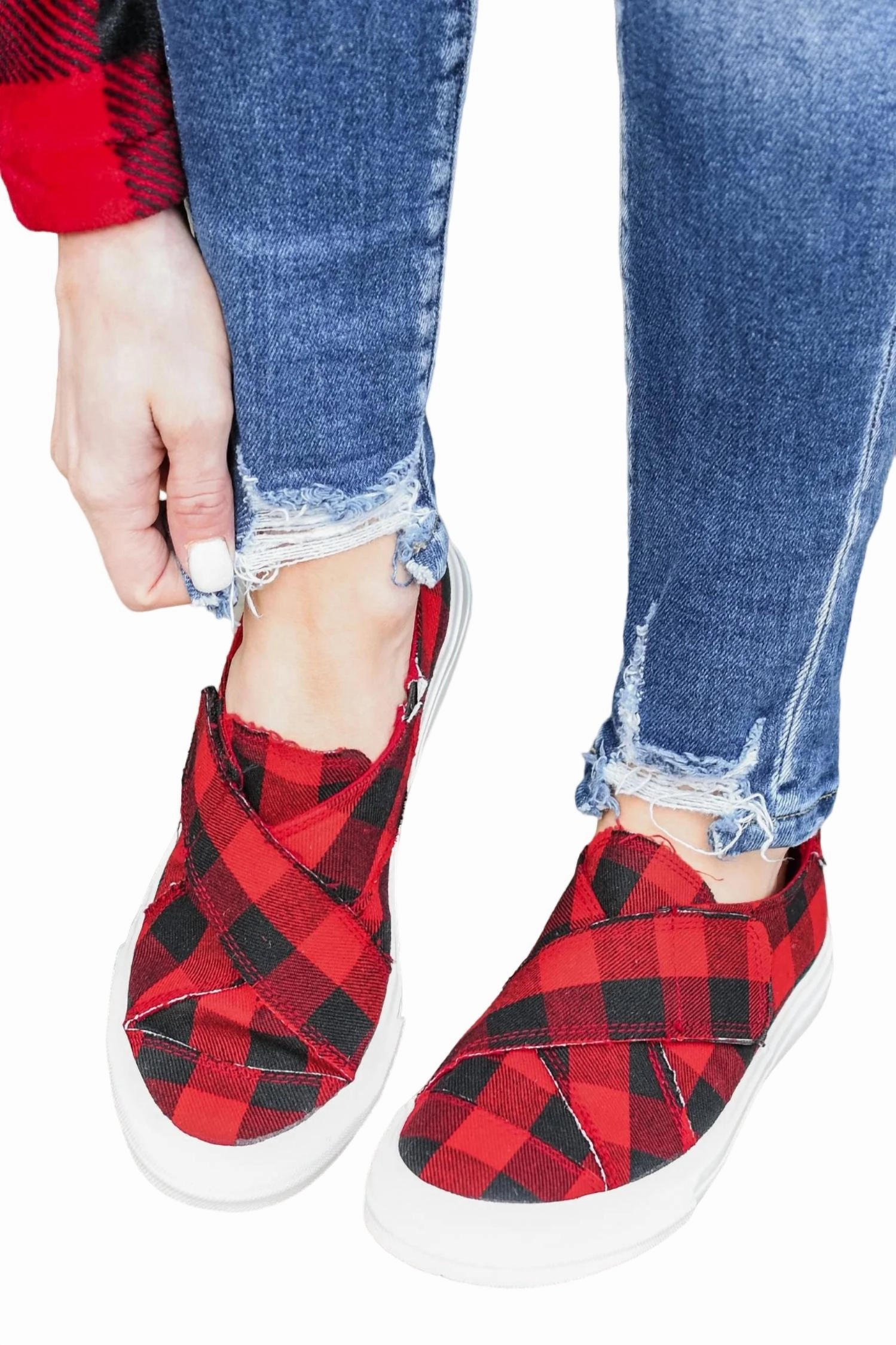 Grip Enhancing Outsole Women's Plaid Along Sneakers In Red/black