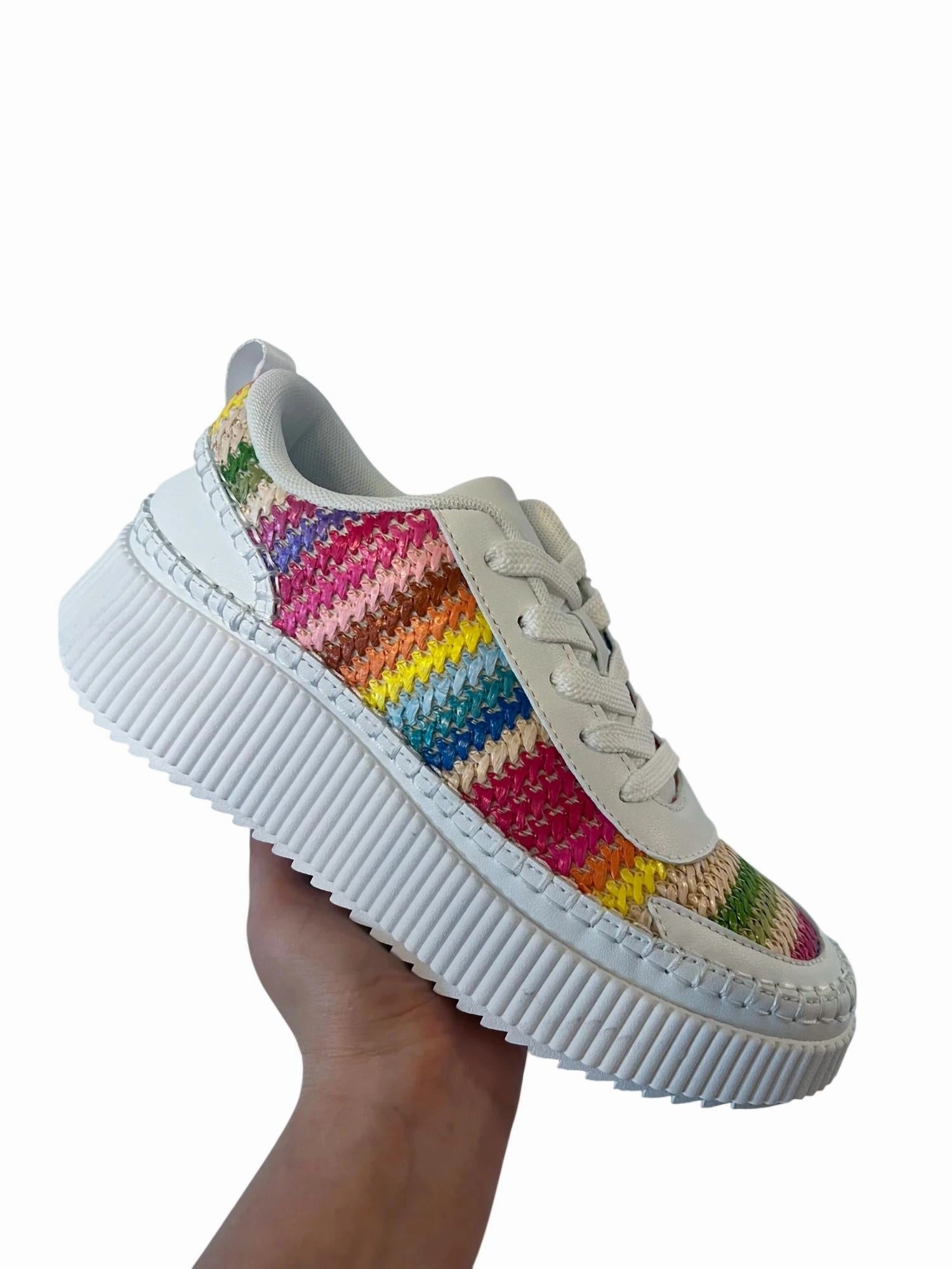 Noise Reducing Sole Fitted Traction Women's Willow Woven Sneakers In Rainbow