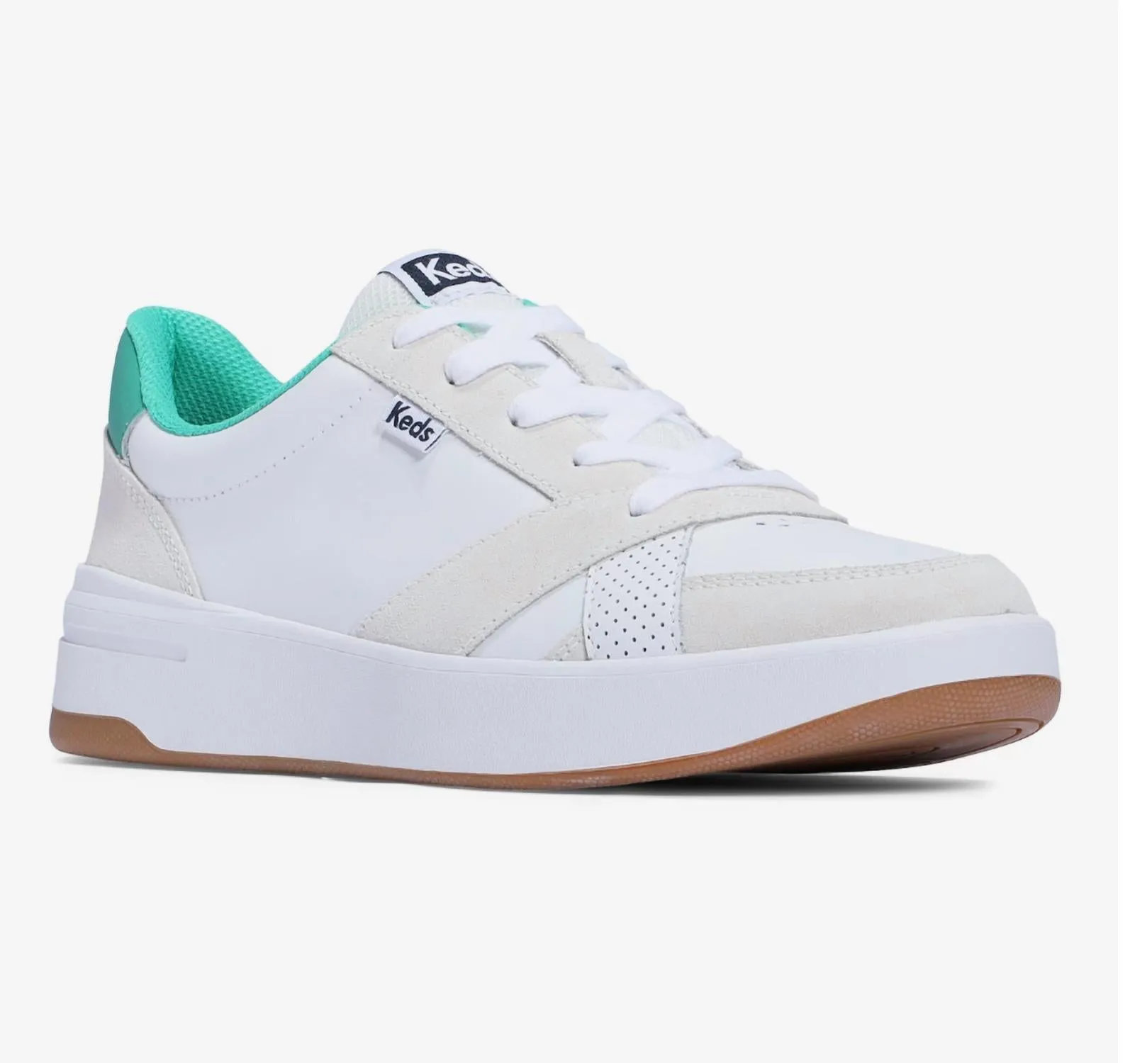 Women's Court Leather Suede Lace Up Sneaker In White/green Ventilation Port System AntiSlip